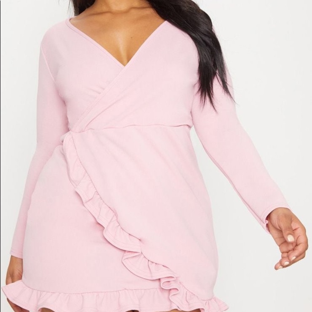 Plus Dusty Pink Long Sleeve Ruffle Wrap Dress